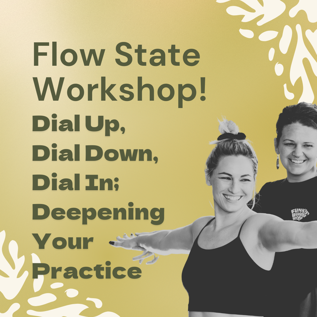 Image of Funky Buddha yoga instructor assisting student. Image reads "Flow State Workshop! Dial up, Dial down, Dial in; deepening your practice"