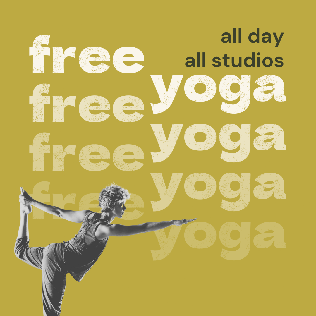Photo of yogi in Dancer Pose. Text reads " Free Grand Rapids yoga. All day, all studios. Funky Buddha Yoga."