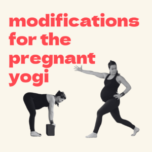 Funky Buddha Yoga pregnancy modification. Image of pregnant yogi doing crescent lunge and forward fold.