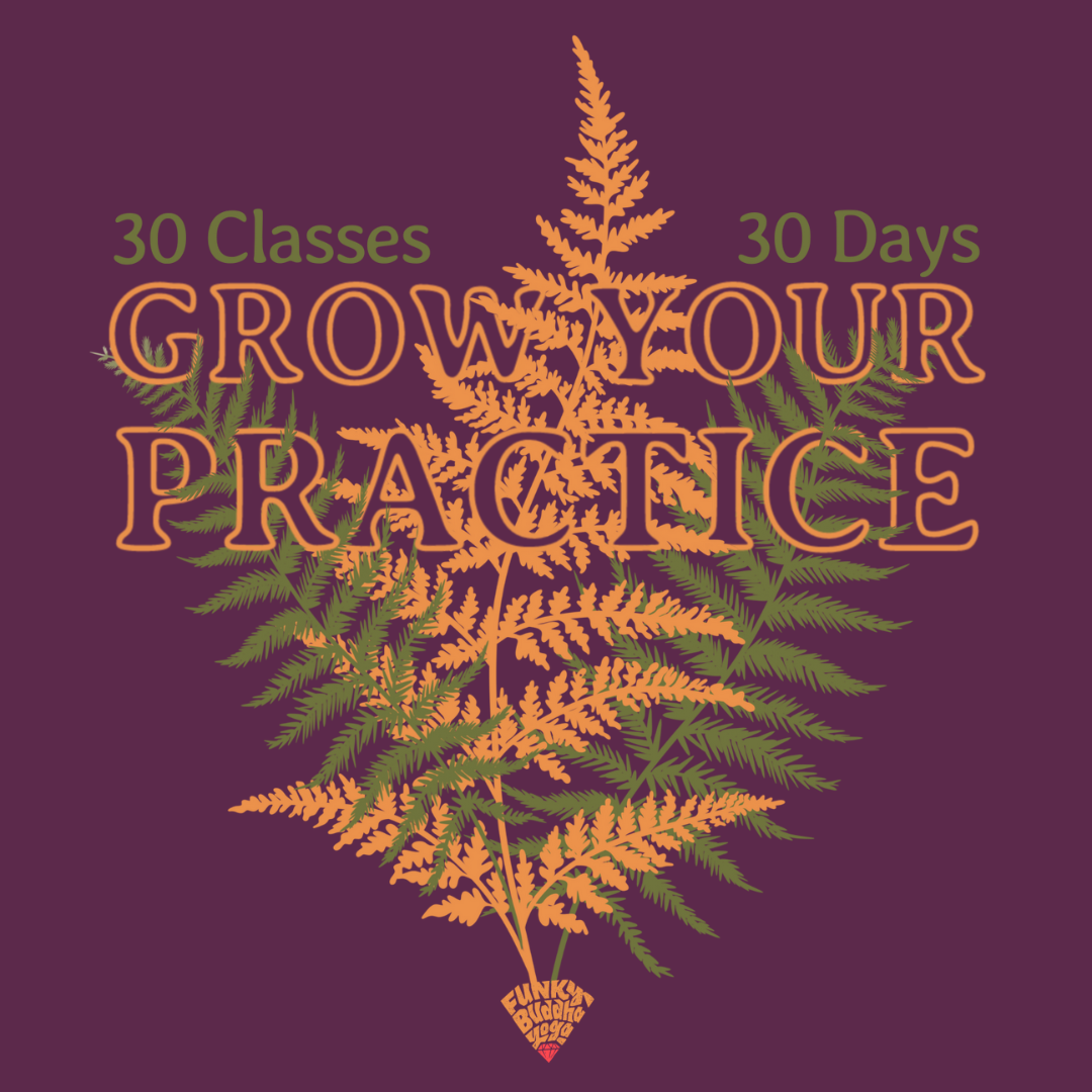 Funky Buddha Yoga Grow Your Practice logo featuring the ruby logo and intertwined fern illustrations