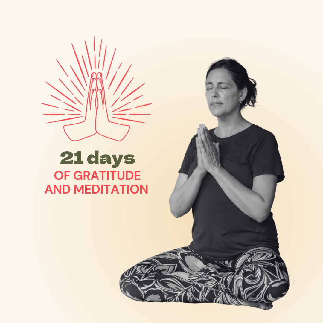 Funky Buddha Yoga person in lotus position. Text reads: 21 days of gratitude and meditation