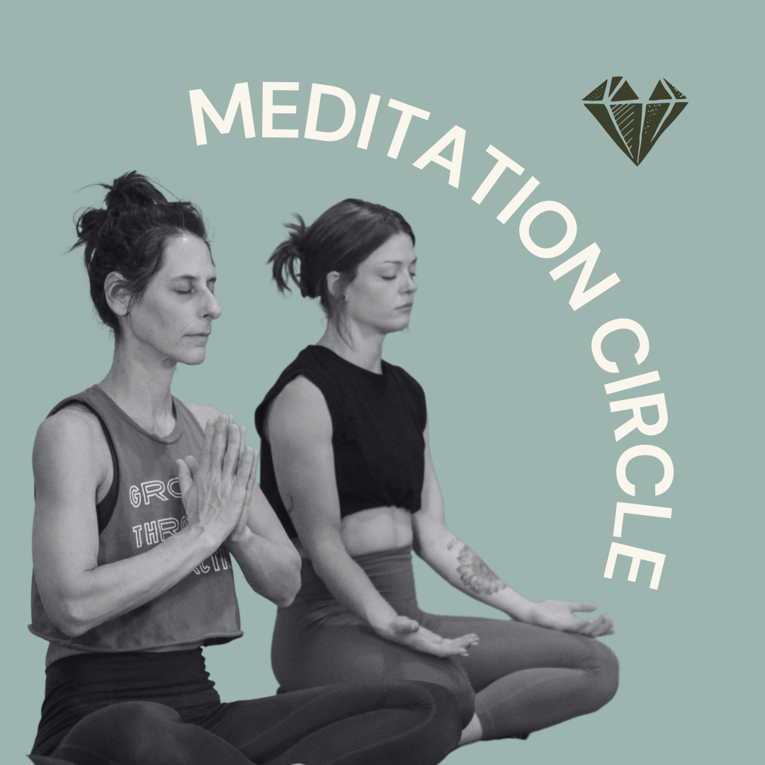 Guided meditation at Funky Buddha Yoga in Grand Rapids. Image says "Meditation circle" on a plain background with two people in lotus pose.